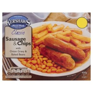 Kershaws Classic Sausage Chips With Onion Gravy Baked Beans 400 G